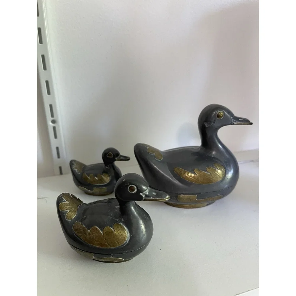 Vintage Solid Pewter and Brass Tin Duck Family Lidded Boxes - Set of 3 Hong Kon